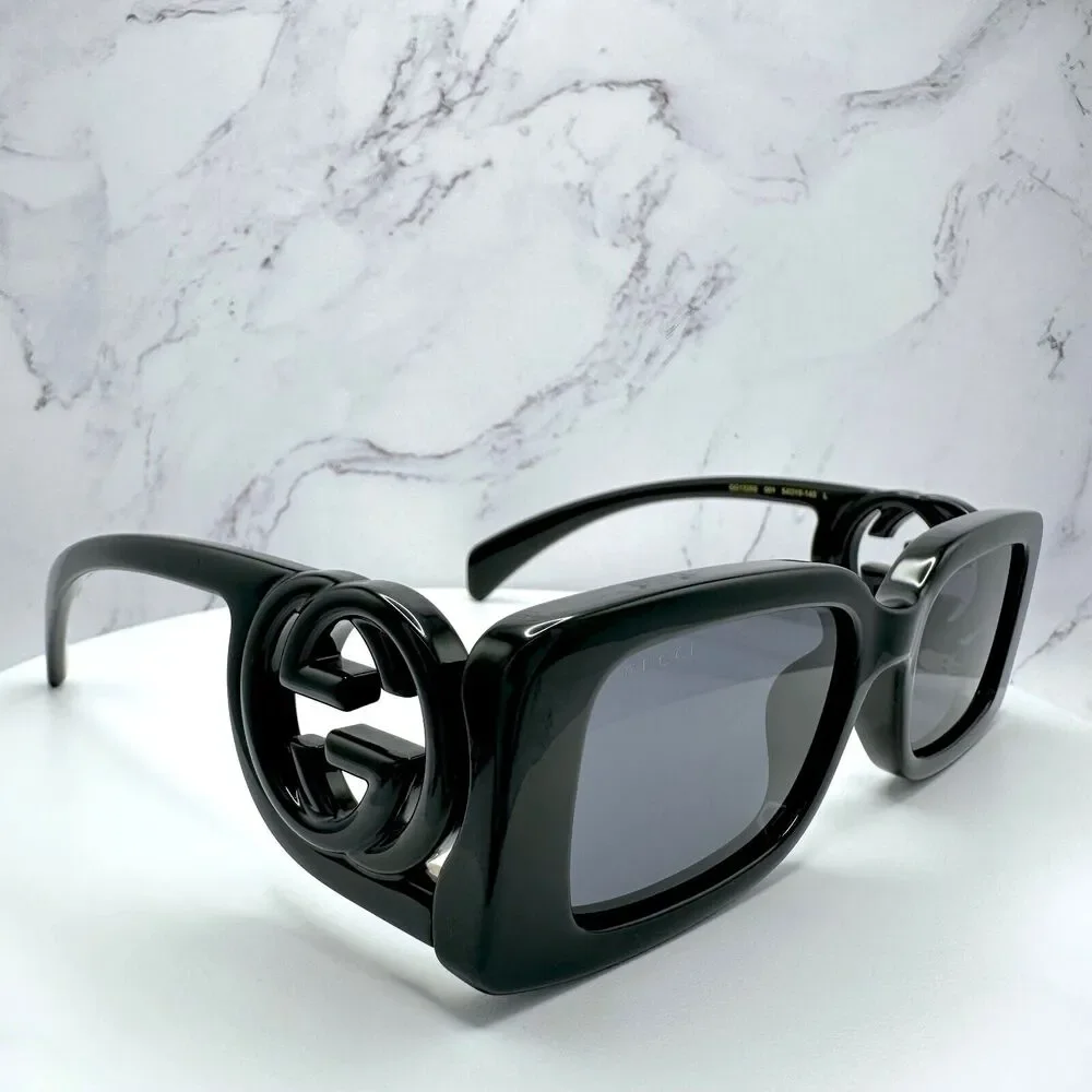 New Gucci Sunglasses Black Rectangle Square GG Logo Triple Black 54mm - Picture 15 of 16
